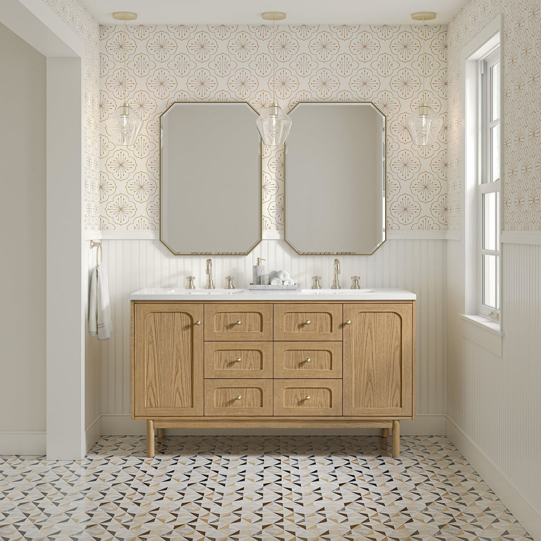 Laurent 60" Double Vanity, Light Natural Oak, w/ 3 CM White Zeus Quartz Top