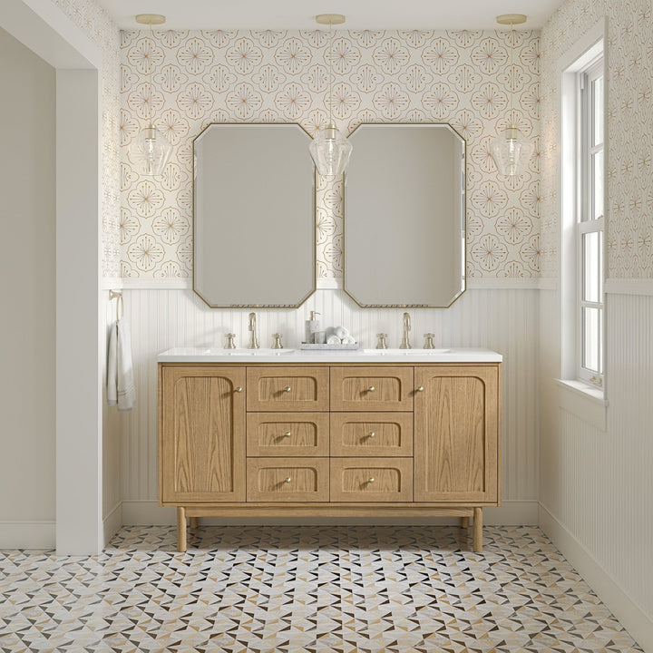Laurent 60" Double Vanity, Light Natural Oak, w/ 3 CM White Zeus Quartz Top