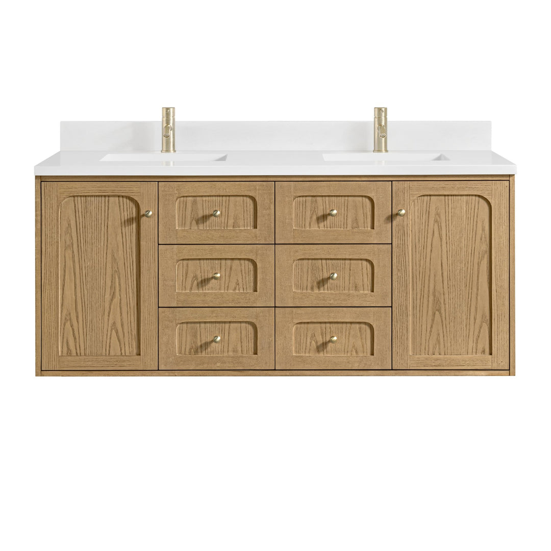 Laurent 60" Double Vanity, Light Natural Oak, w/ Single Hole 3 CM White Zeus Quartz Top & Backsplash