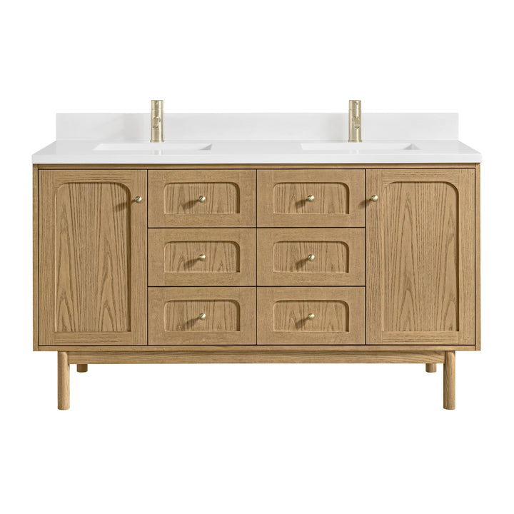Laurent 60" Double Vanity, Light Natural Oak, w/ Single Hole 3 CM White Zeus Quartz Top & Backsplash