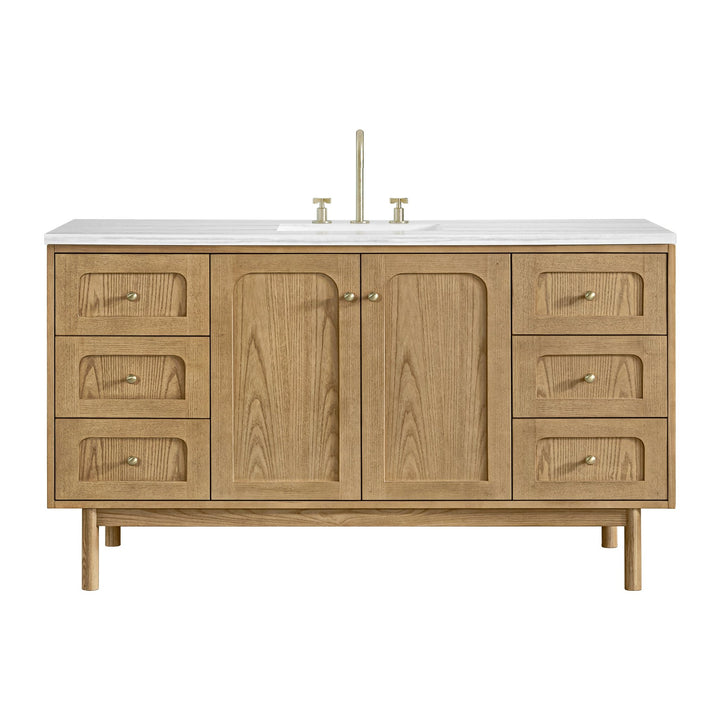 Laurent 60" Single Vanity, Light Natural Oak, w/ 3 CM Arctic Fall Solid Surface Top