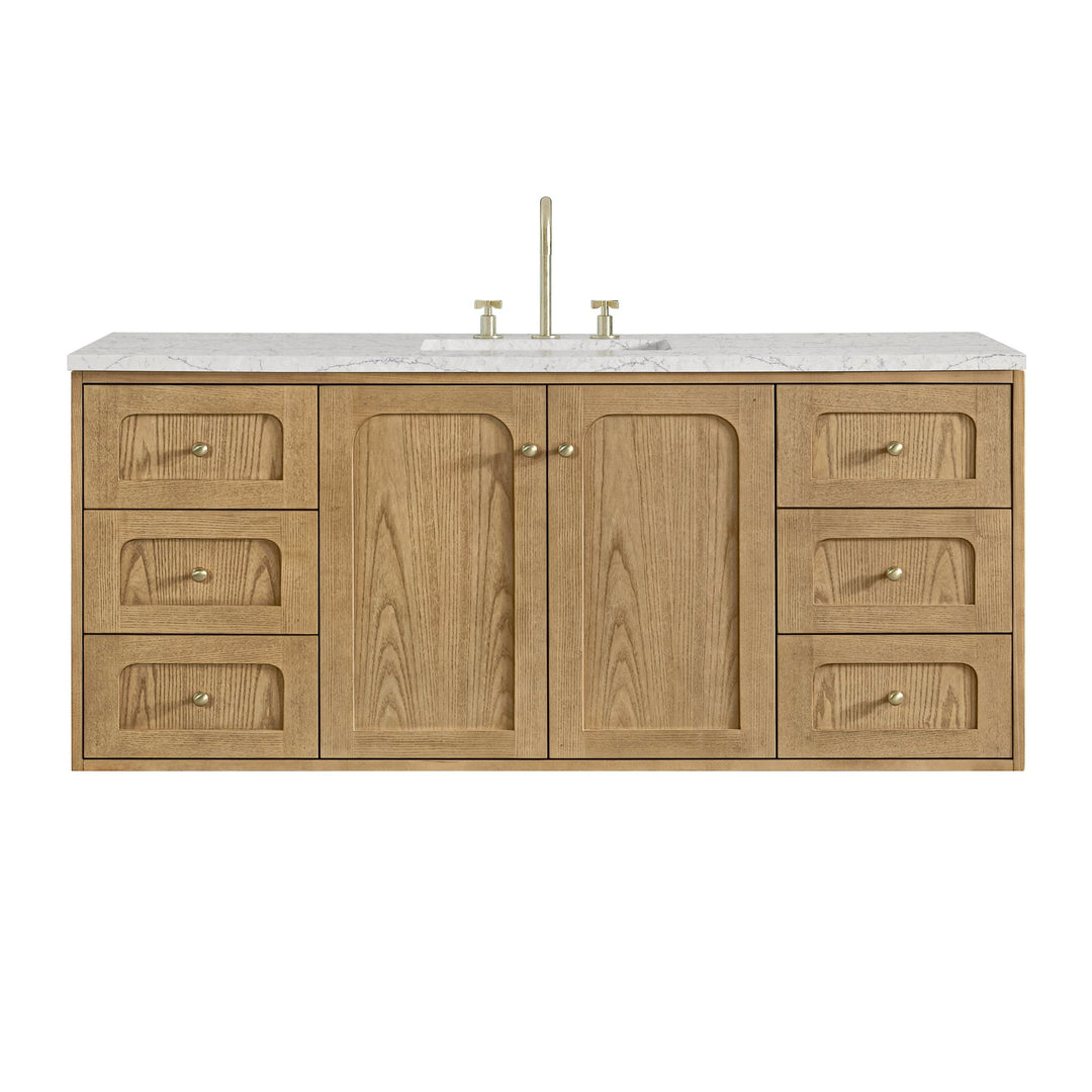Laurent 60" Single Vanity, Light Natural Oak, w/ 3 CM Eternal Jasmine Pearl Quartz Top