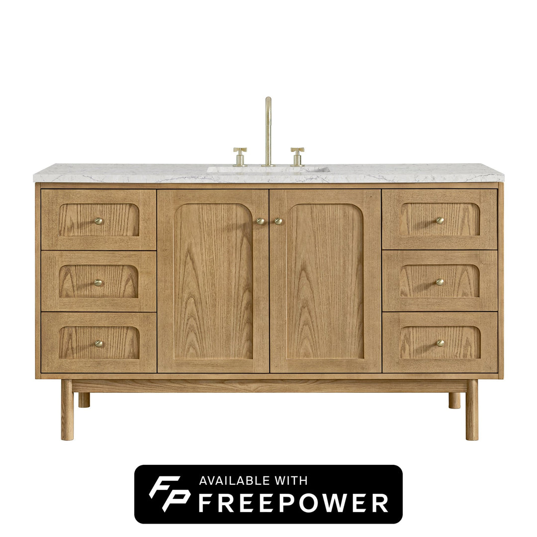 Laurent 60" Single Vanity, Light Natural Oak, w/ 3 CM Eternal Jasmine Pearl Silestone Top w/ FreePower Wireless Charger