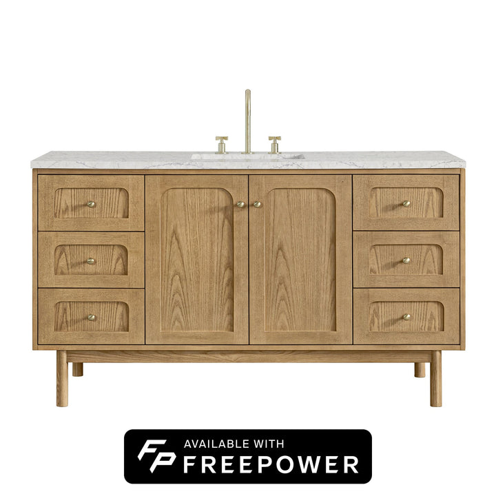 Laurent 60" Single Vanity, Light Natural Oak, w/ 3 CM Eternal Jasmine Pearl Silestone Top w/ FreePower Wireless Charger