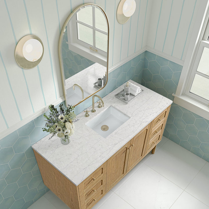 Laurent 60" Single Vanity, Light Natural Oak, w/ 3 CM Eternal Jasmine Pearl Silestone Top w/ FreePower Wireless Charger