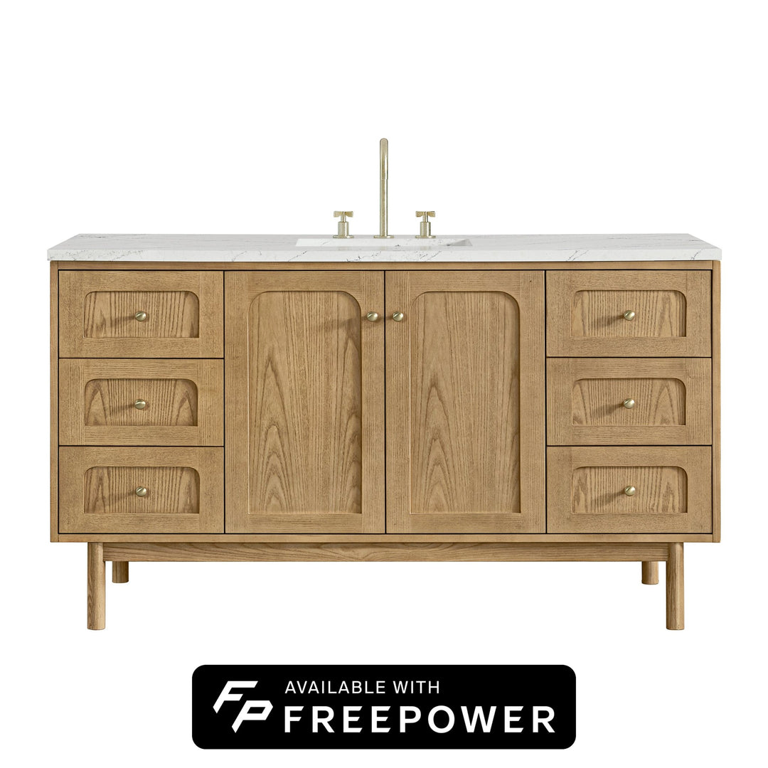 Laurent 60" Single Vanity, Light Natural Oak, w/ 3 CM Ethereal Noctis Silestone Top w/ FreePower Wireless Charger