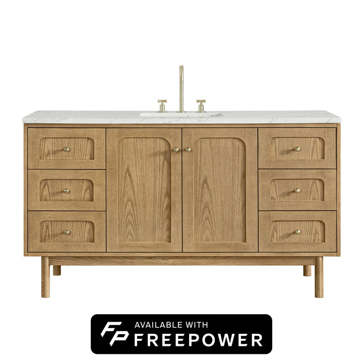 Laurent 60" Single Vanity, Light Natural Oak, w/ 3 CM Ethereal Noctis Silestone Top w/ FreePower Wireless Charger