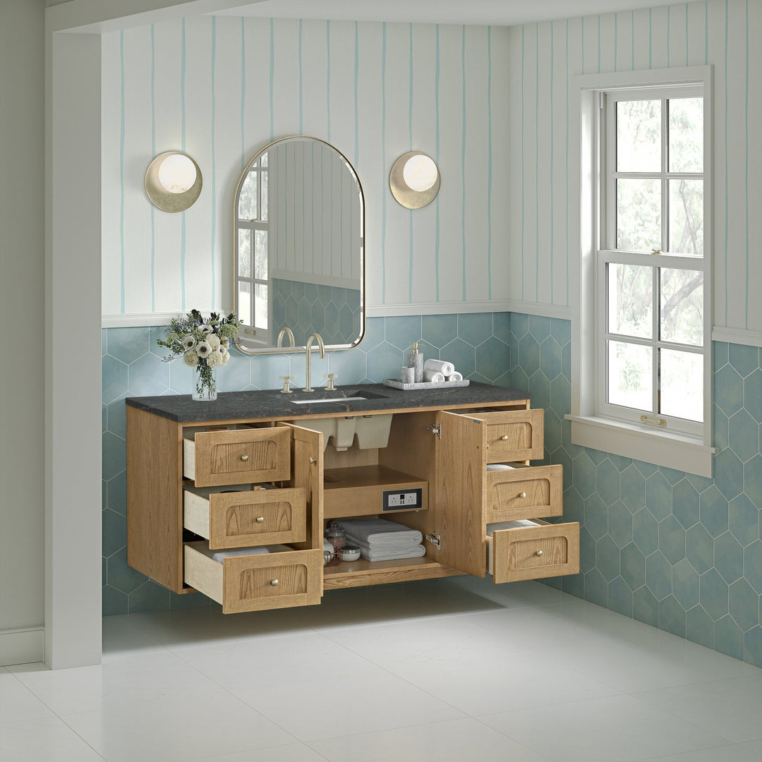 Laurent 60" Single Vanity, Light Natural Oak, w/ 3 CM Parisien Bleu Quartz Top