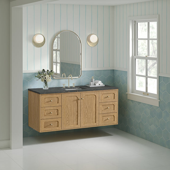 Laurent 60" Single Vanity, Light Natural Oak, w/ 3 CM Parisien Bleu Silestone Top w/ FreePower Wireless Charger