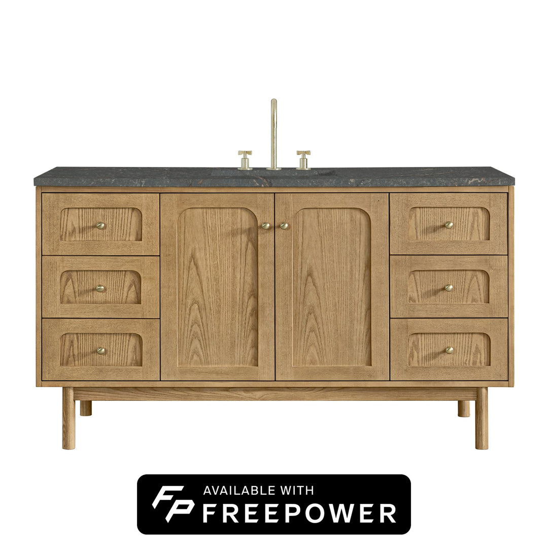 Laurent 60" Single Vanity, Light Natural Oak, w/ 3 CM Parisien Bleu Silestone Top w/ FreePower Wireless Charger