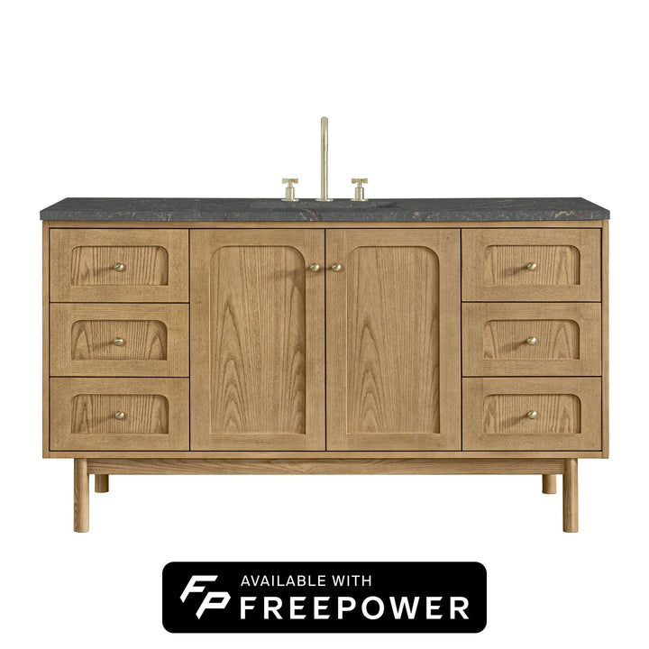 Laurent 60" Single Vanity, Light Natural Oak, w/ 3 CM Parisien Bleu Silestone Top w/ FreePower Wireless Charger