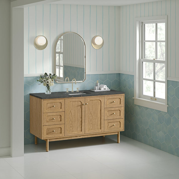 Laurent 60" Single Vanity, Light Natural Oak, w/ 3 CM Parisien Bleu Silestone Top w/ FreePower Wireless Charger