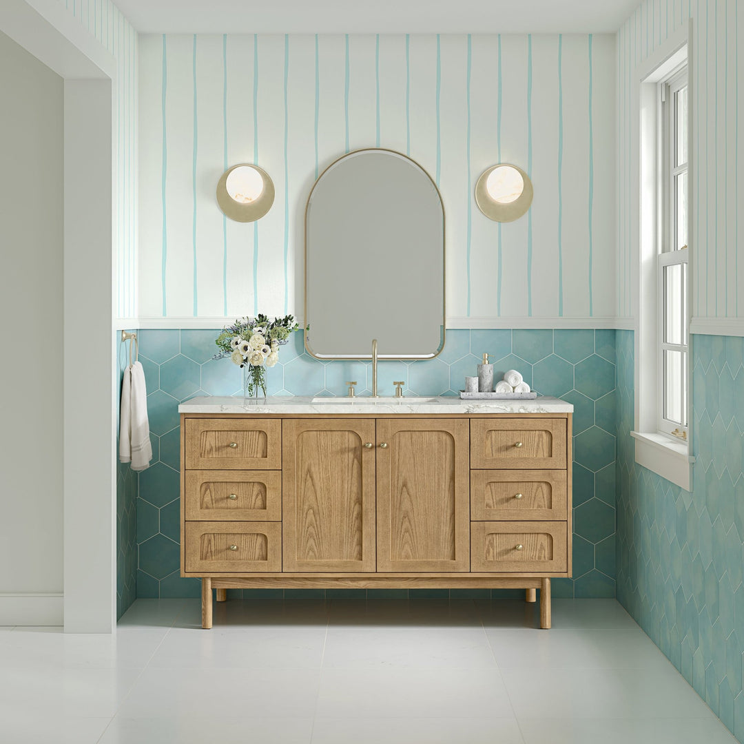 Laurent 60" Single Vanity, Light Natural Oak, w/ 3 CM Victorian Silver Silestone Top w/ FreePower Wireless Charger