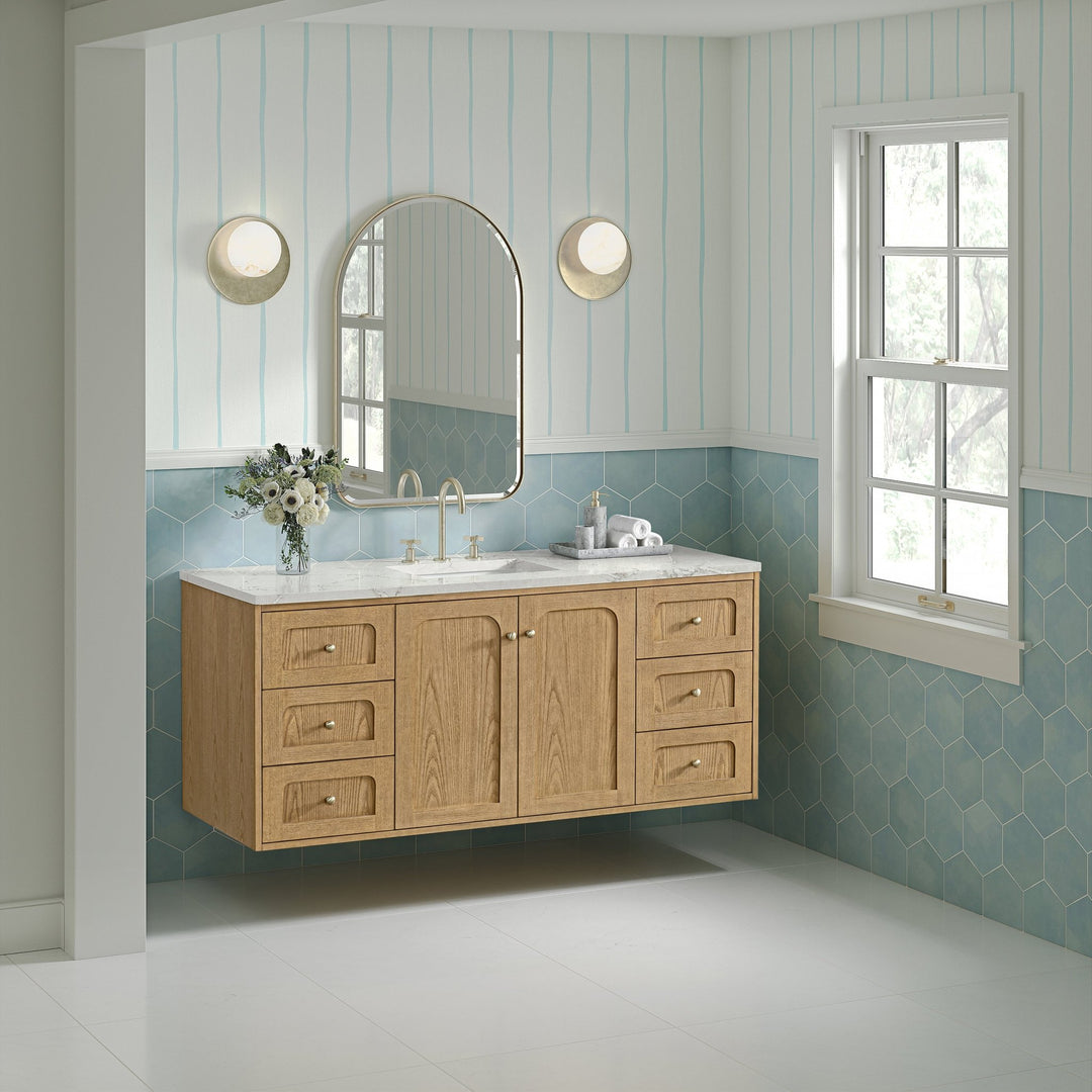 Laurent 60" Single Vanity, Light Natural Oak, w/ 3 CM Victorian Silver Silestone Top w/ FreePower Wireless Charger