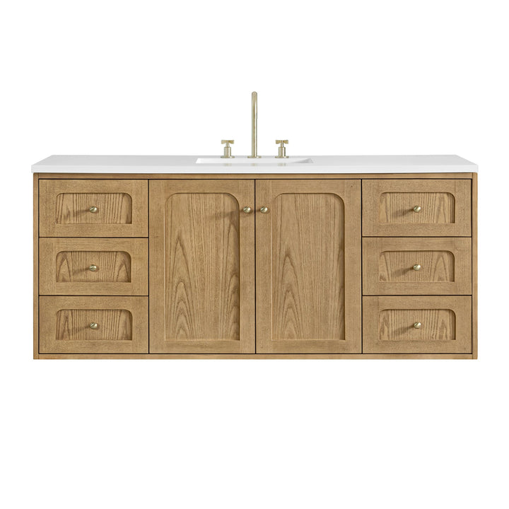 Laurent 60" Single Vanity, Light Natural Oak, w/ 3 CM White Zeus Quartz Top