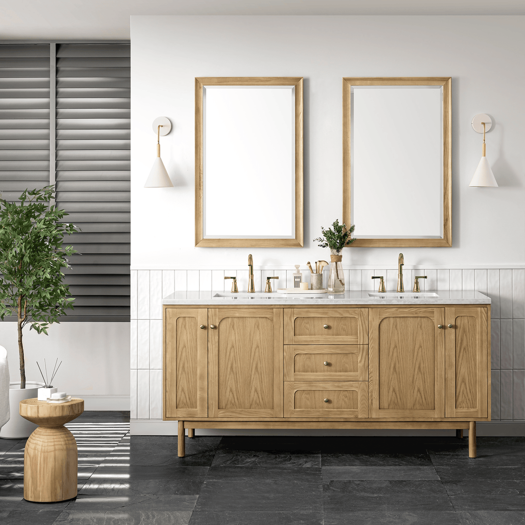 Laurent 72" Double Vanity, Light Natural Oak w/ 3 CM Arctic Fall Top