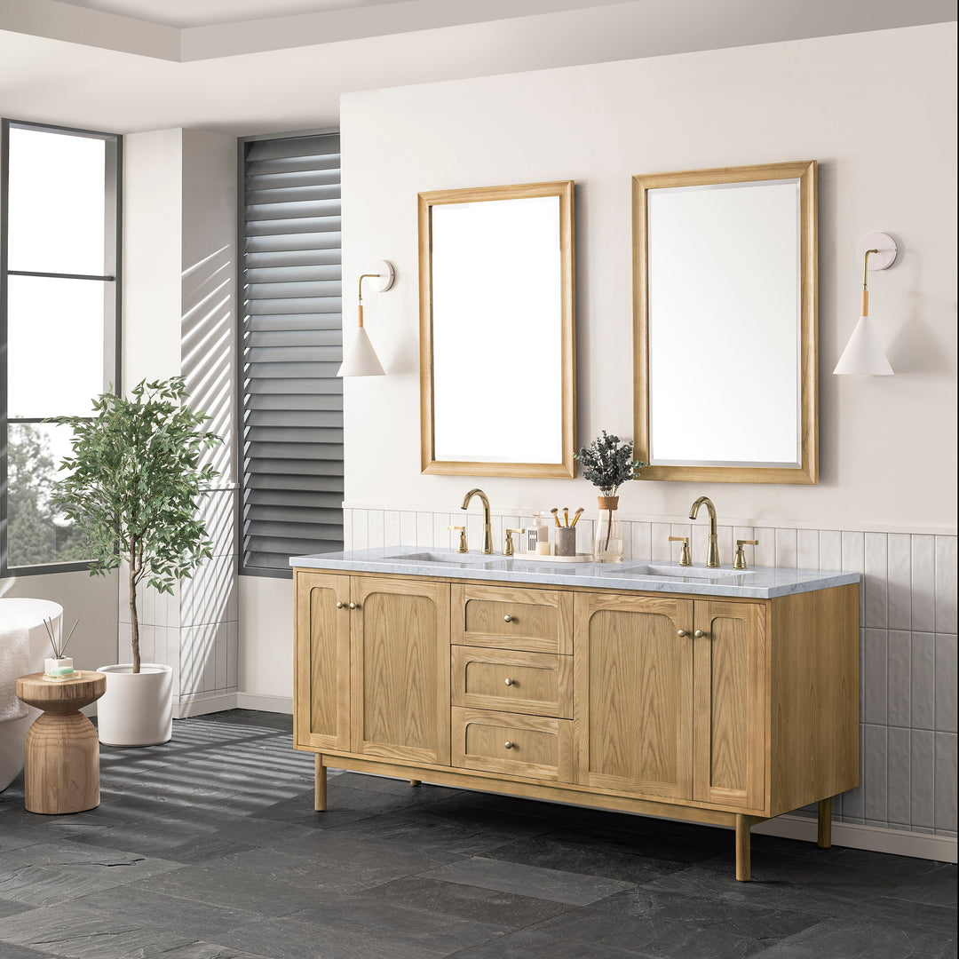 Laurent 72" Double Vanity, Light Natural Oak w/ 3 CM Carrara Marble Top