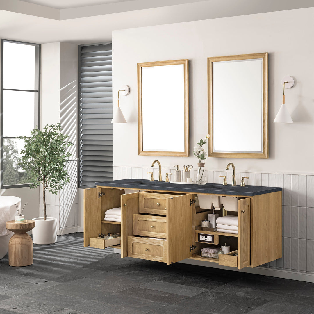 Laurent 72" Double Vanity, Light Natural Oak w/ 3 CM Charcoal Soapstone Top