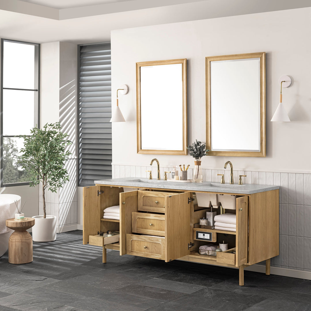 Laurent 72" Double Vanity, Light Natural Oak w/ 3 CM Eternal Jasmine Pearl Top
