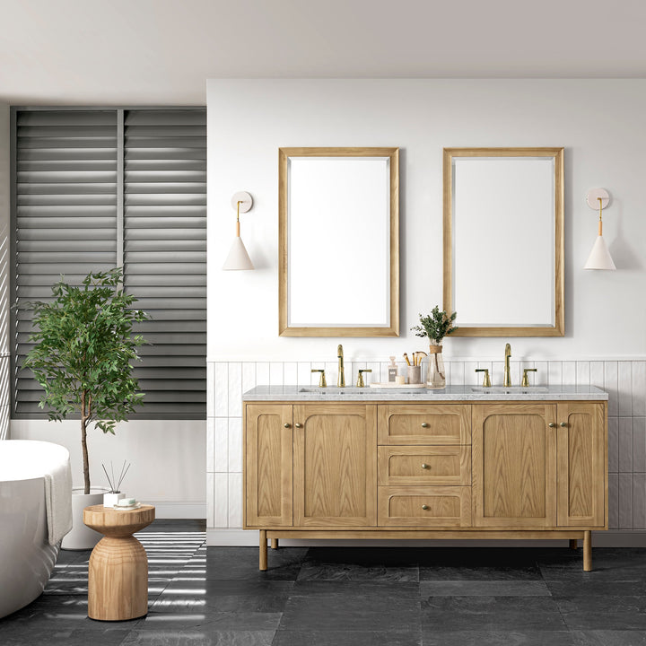 Laurent 72" Double Vanity, Light Natural Oak w/ 3 CM Eternal Jasmine Pearl Top