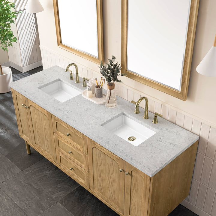 Laurent 72" Double Vanity, Light Natural Oak w/ 3 CM Eternal Jasmine Pearl Top w/FreePower Wireless Charger