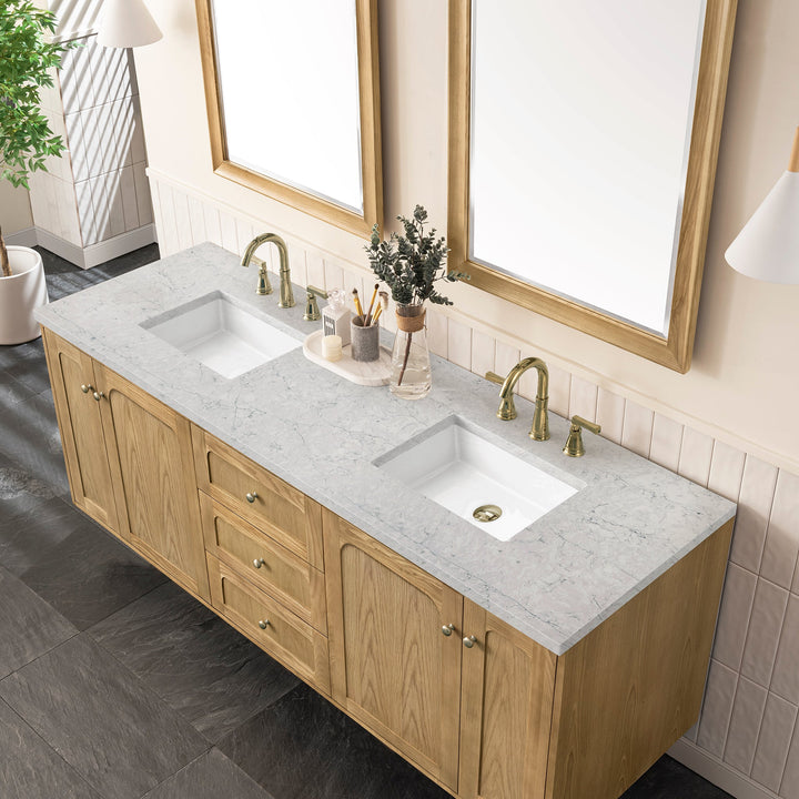 Laurent 72" Double Vanity, Light Natural Oak w/ 3 CM Eternal Jasmine Pearl Top w/FreePower Wireless Charger