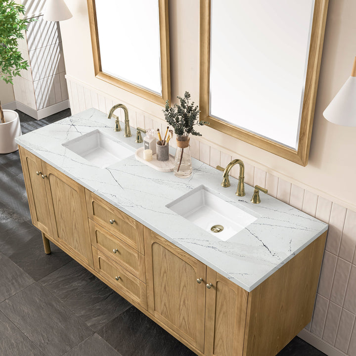 Laurent 72" Double Vanity, Light Natural Oak w/ 3 CM Ethereal Noctis Top w/FreePower Wireless Charger