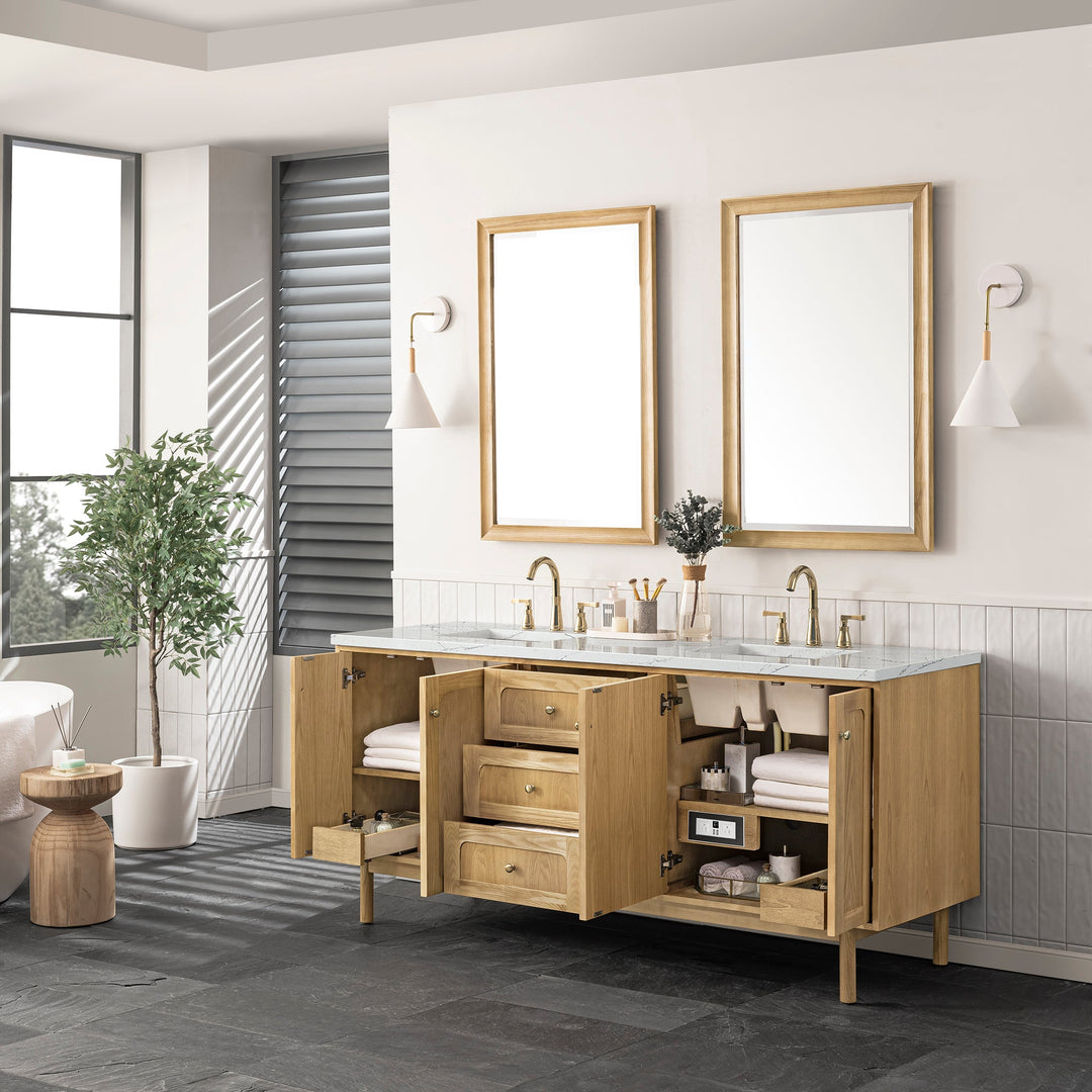 Laurent 72" Double Vanity, Light Natural Oak w/ 3 CM Ethereal Noctis Top w/FreePower Wireless Charger