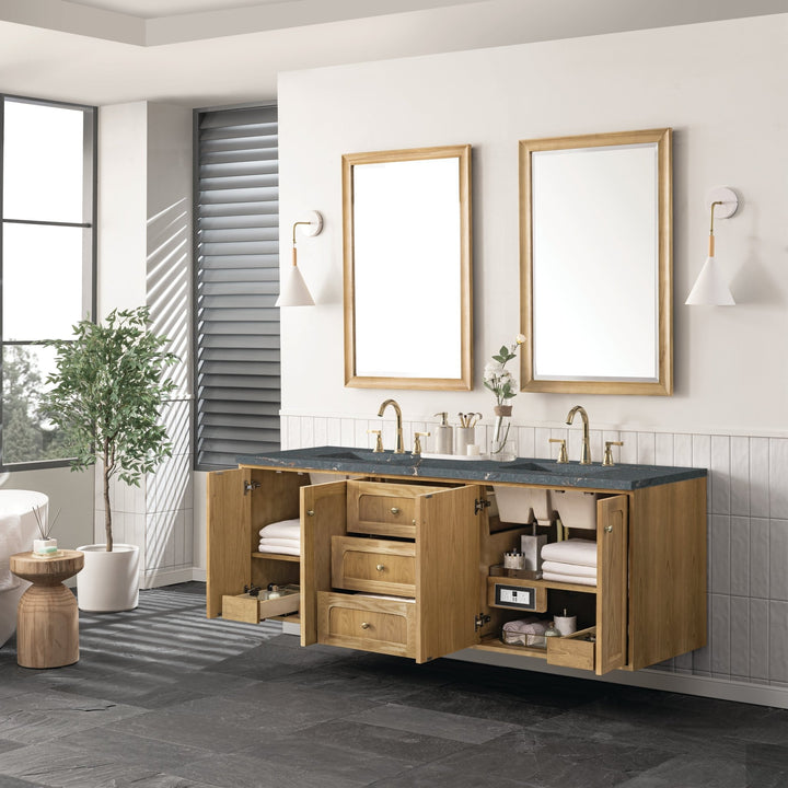 Laurent 72" Double Vanity, Light Natural Oak w/ 3 CM Parisien Bleu Top w/FreePower Wireless Charger