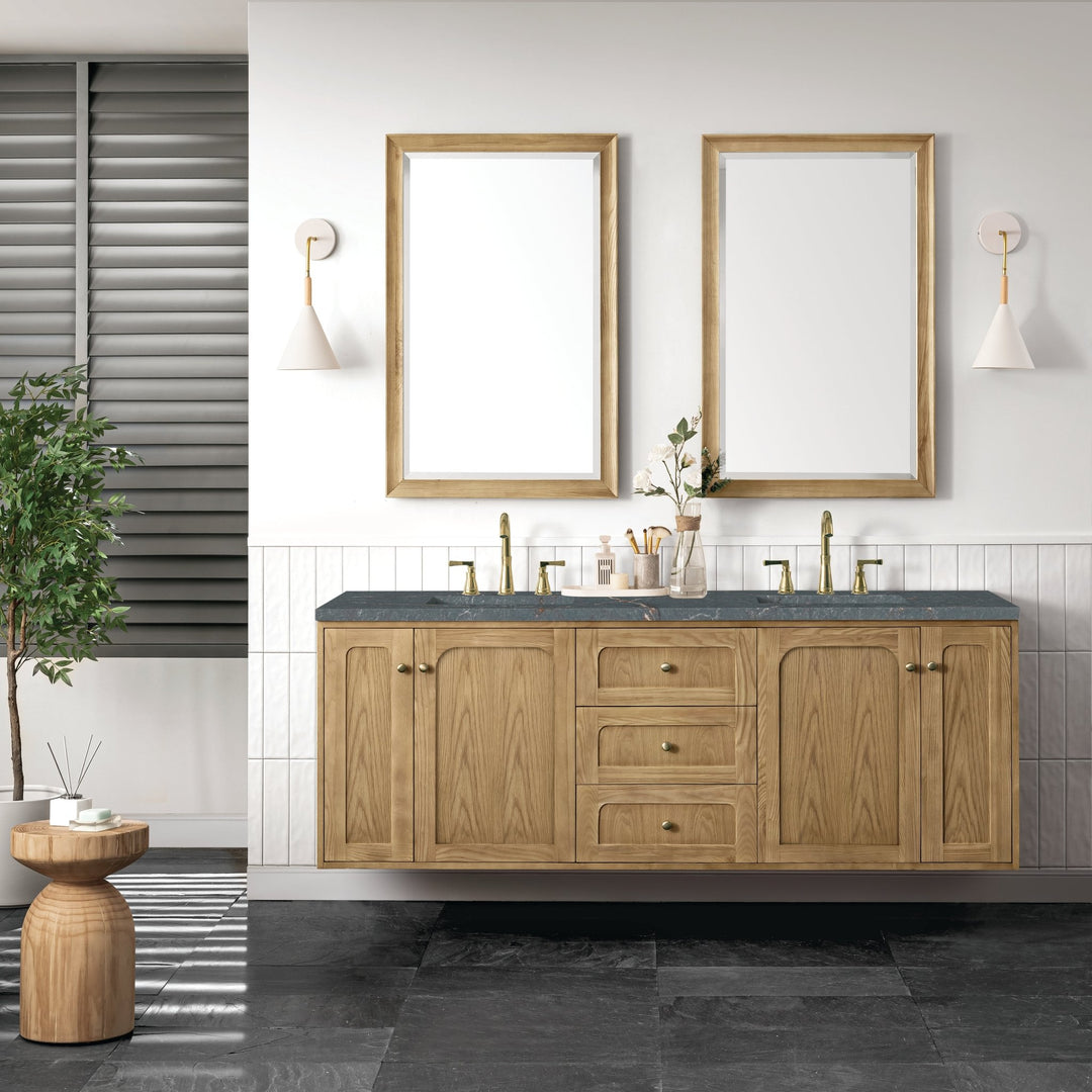 Laurent 72" Double Vanity, Light Natural Oak w/ 3 CM Parisien Bleu Top w/FreePower Wireless Charger