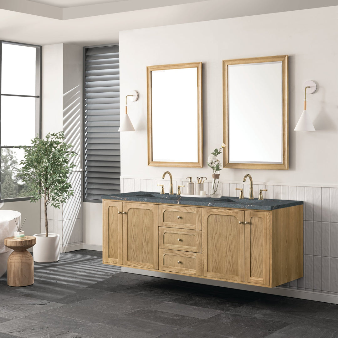 Laurent 72" Double Vanity, Light Natural Oak w/ 3 CM Parisien Bleu Top w/FreePower Wireless Charger