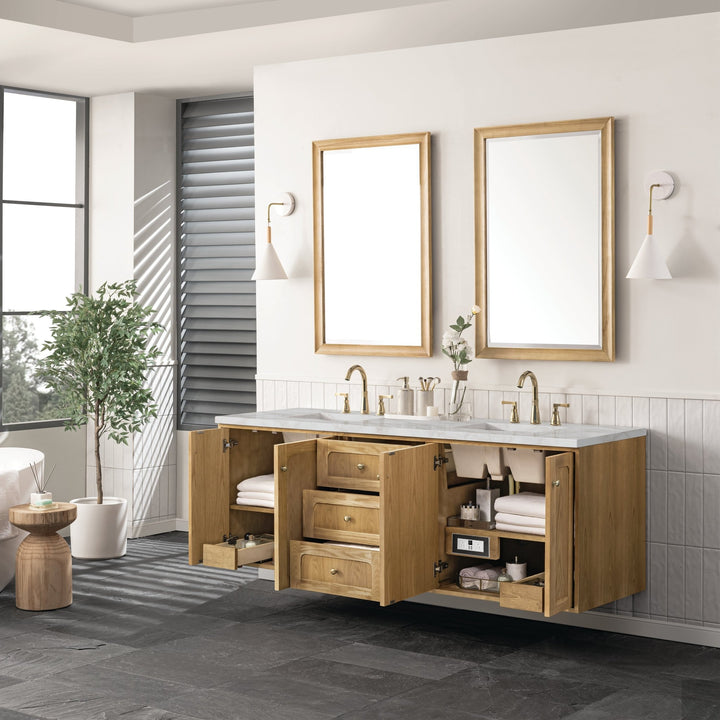 Laurent 72" Double Vanity, Light Natural Oak w/ 3 CM Victorian Silver Top
