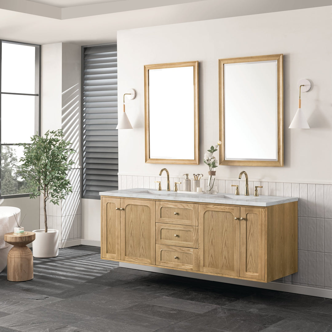 Laurent 72" Double Vanity, Light Natural Oak w/ 3 CM Victorian Silver Top