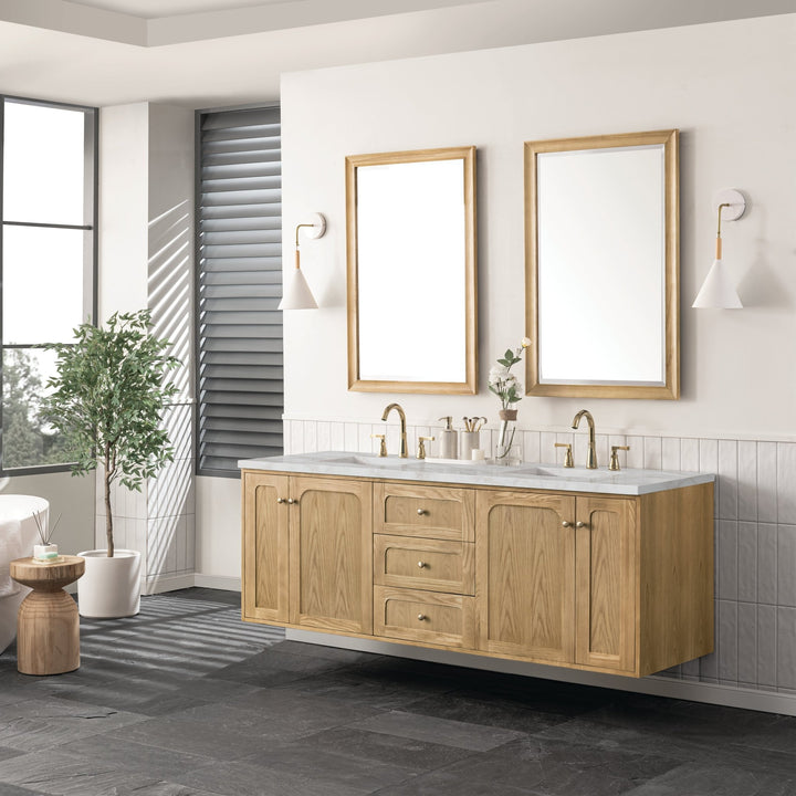 Laurent 72" Double Vanity, Light Natural Oak w/ 3 CM Victorian Silver Top