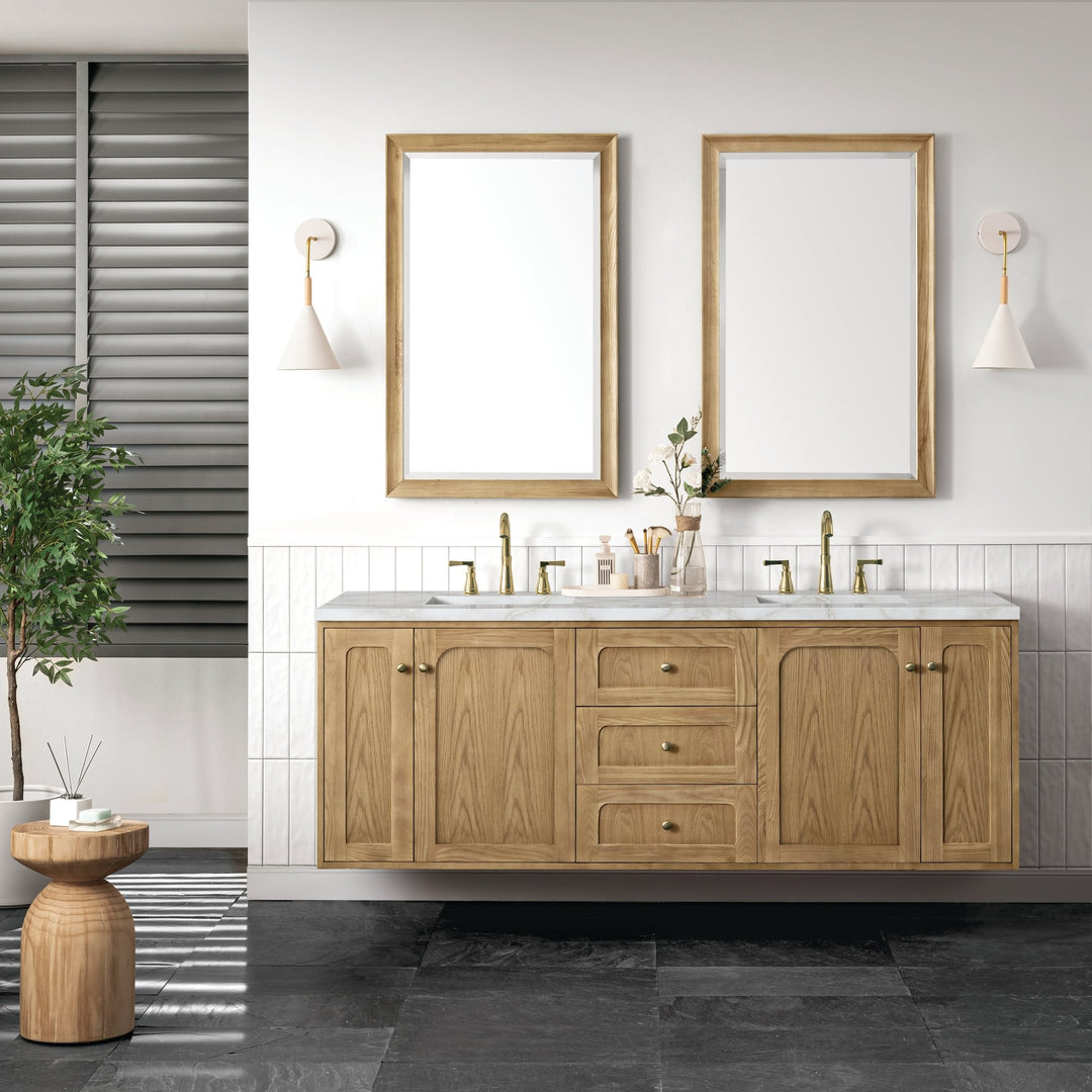 Laurent 72" Double Vanity, Light Natural Oak w/ 3 CM Victorian Silver Top w/FreePower Wireless Charger