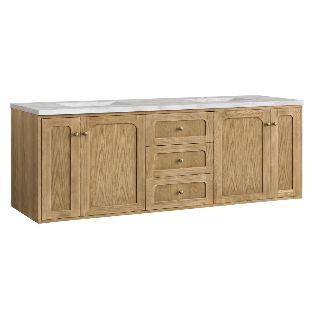 Laurent 72" Double Vanity, Light Natural Oak w/ 3 CM Victorian Silver Top w/FreePower Wireless Charger