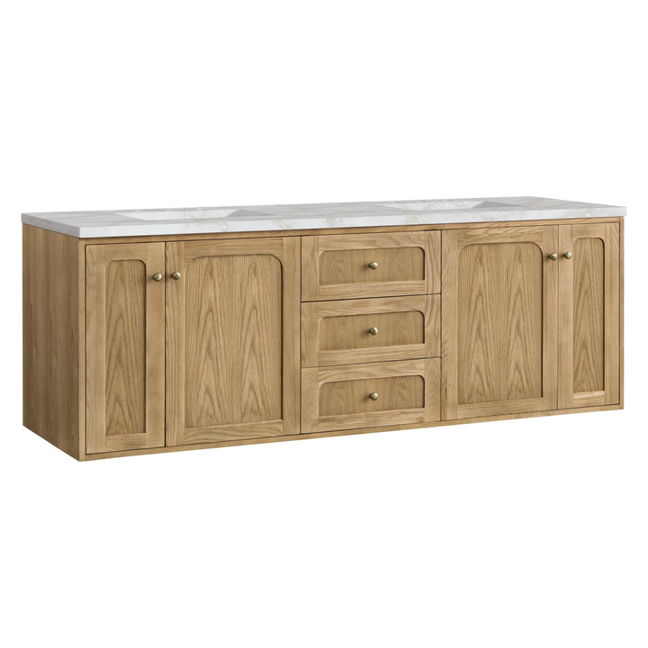 Laurent 72" Double Vanity, Light Natural Oak w/ 3 CM Victorian Silver Top w/FreePower Wireless Charger