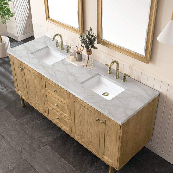 Laurent 72" Double Vanity, Light Natural Oak w/ 3 CM Victorian Silver Top w/FreePower Wireless Charger