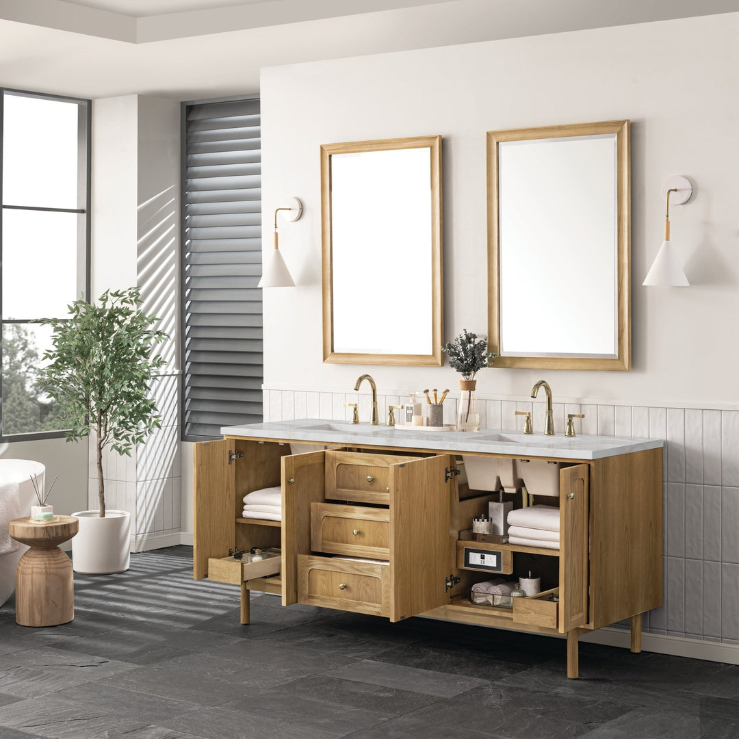 Laurent 72" Double Vanity, Light Natural Oak w/ 3 CM Victorian Silver Top w/FreePower Wireless Charger