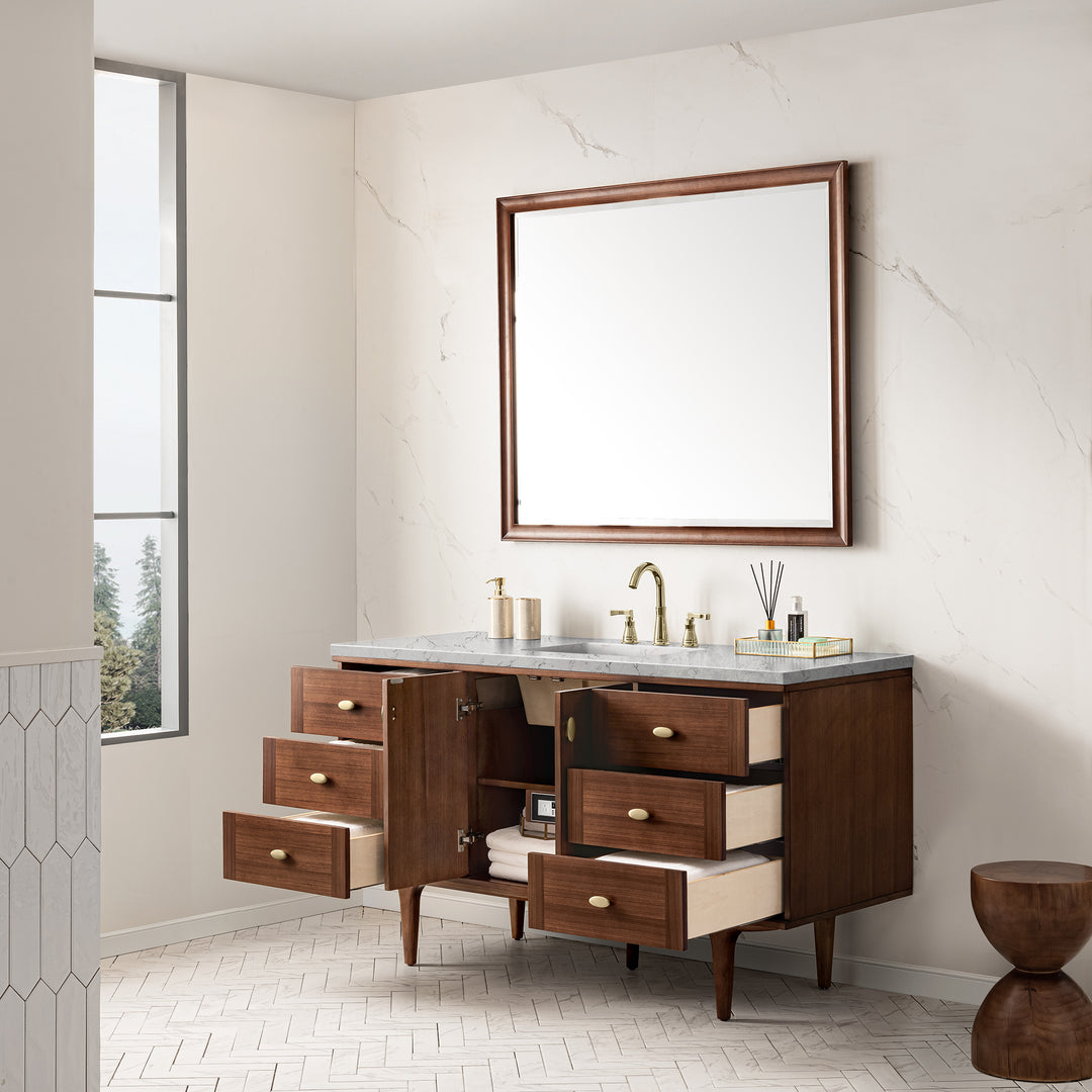 Amberly 60" Single Vanity, Mid-Century Walnut w/ 3 CM Eternal Jasmine Pearl Top w/FreePower Wireless Charger