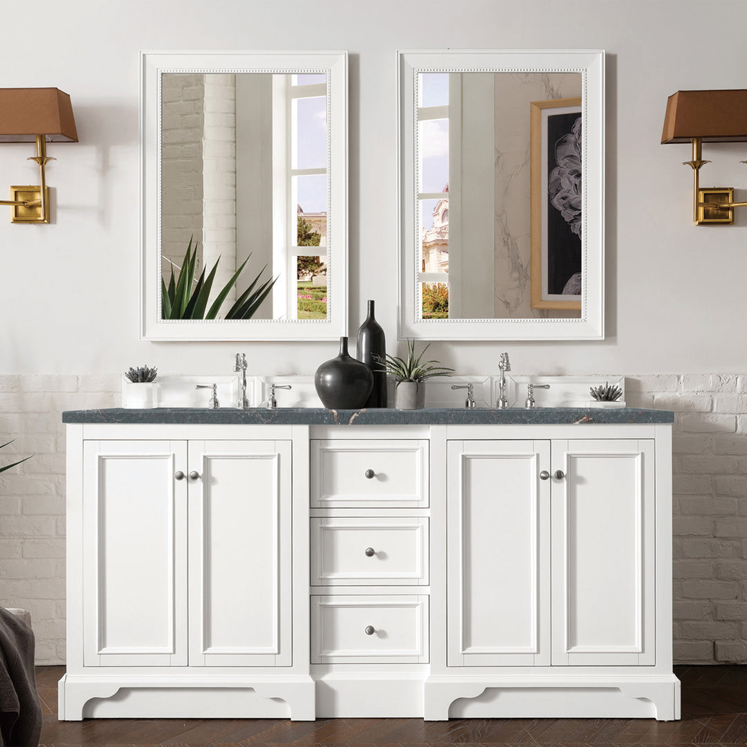 De Soto 72" Double Vanity, Bright White w/ 3 CM Parisien Bleu Silestone Top