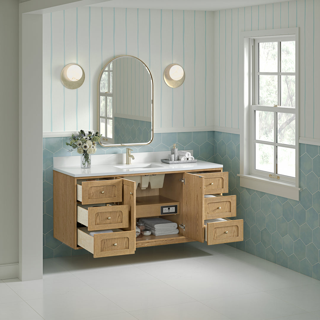 Laurent 60" Single Vanity, Light Natural Oak, w/ Single Hole 3 CM White Zeus Quartz Top & Backsplash