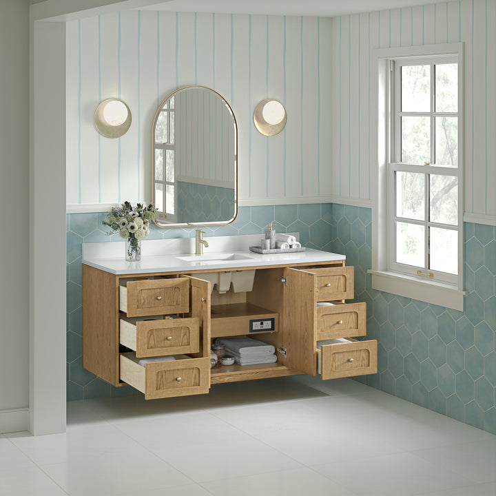 Laurent 60" Single Vanity, Light Natural Oak, w/ Single Hole 3 CM White Zeus Quartz Top & Backsplash