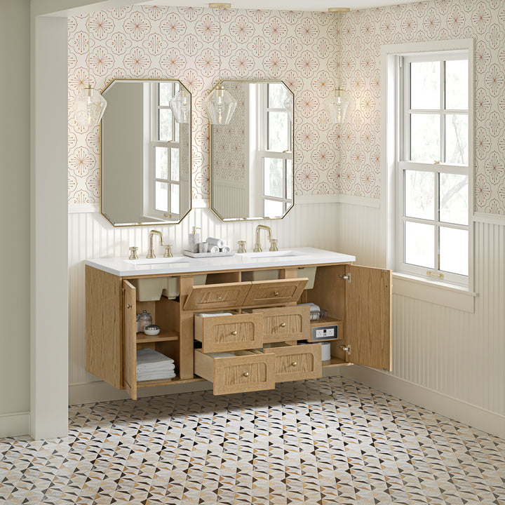 Laurent 60" Double Vanity, Light Natural Oak, w/ 3 CM White Zeus Quartz Top