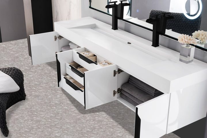 Columbia 72" Double Wall Mount Vanity, Glossy White, Matte Black w/ Glossy White Composite Stone Top