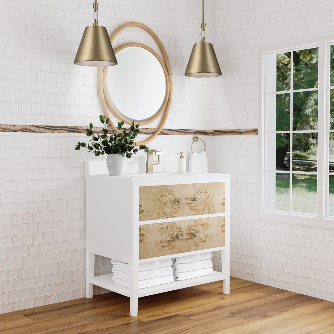 Olena 36" Single Vanity, Light Mappa Burl and Polished White w/ Single Hole 3 CM White Zeus Silestone Top & Backsplash