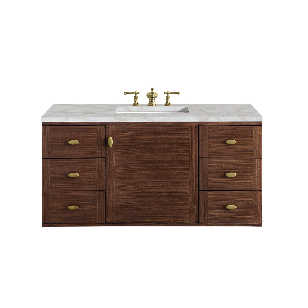 Amberly 48" Single Vanity, Mid-Century Walnut w/ 3 CM Victorian Silver Top w/FreePower Wireless Charger