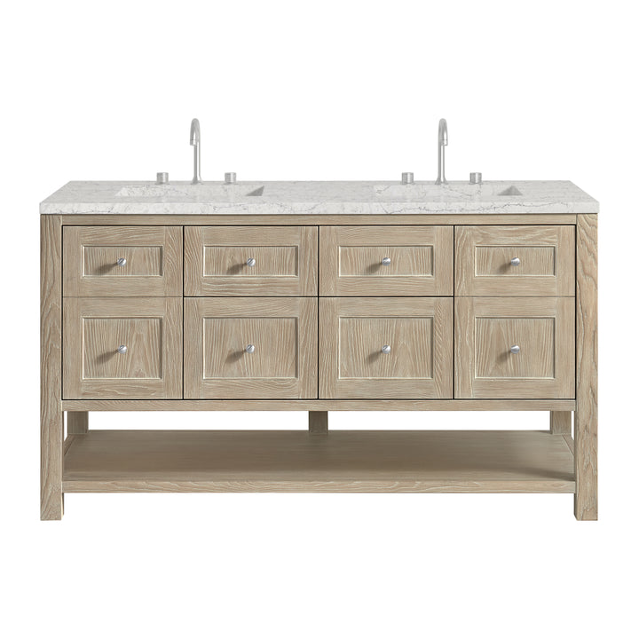 Breckenridge 60" Double Vanity, Whitewashed Oak, w/ 3 CM Eternal Jasmine Pearl Quartz Top w/FreePower Wireless Charger