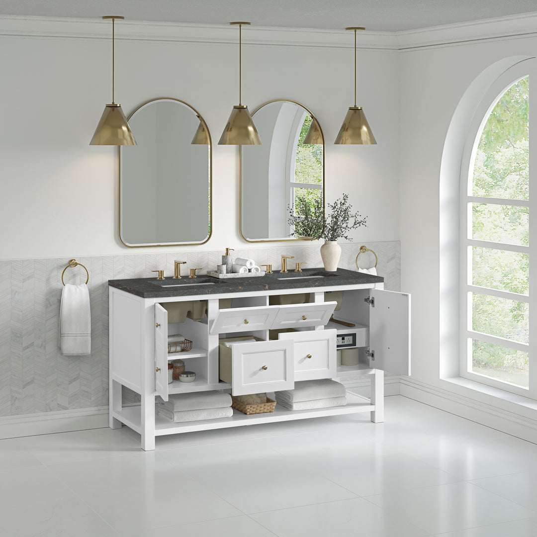 Breckenridge 60" Double Vanity, Bright White, w/ 3 CM Parisien Bleu Quartz Top w/FreePower Wireless Charger