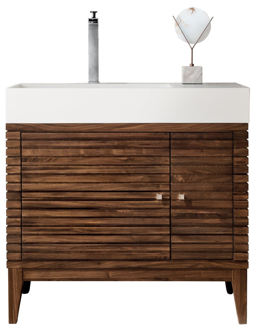 Linear 36" Single Vanity, Mid-Century Walnut w/ Glossy White Composite Stone Top